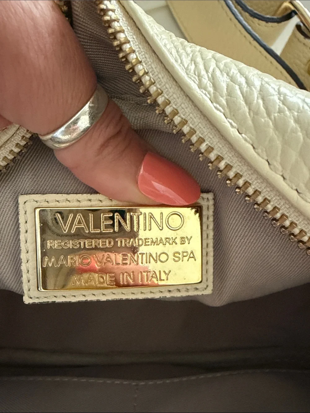 Valentino Cream Pebbled Leather Crossbody with Pearl V Logo - Authentic